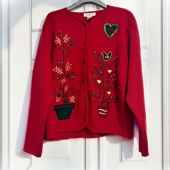 TALBOTS VTG 100% Wool Embroidered Hearts Birds Apple Beaded Cardigan Size L - Picture 1 of 15